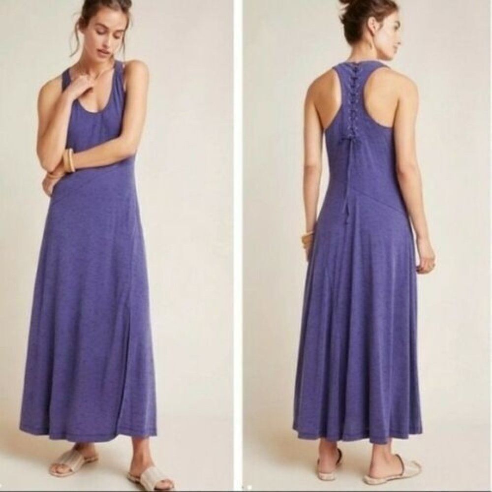 Anthropologie Maeve Dress Blue Maxi Melanie Knit Lace Up maxi Dress Size Small